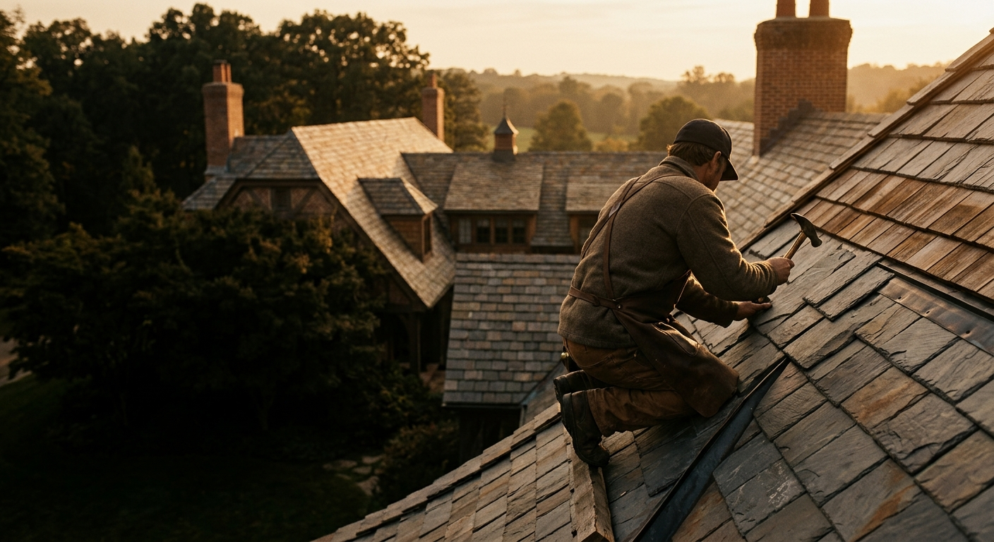 A craftsman on an estate roof at golden hour