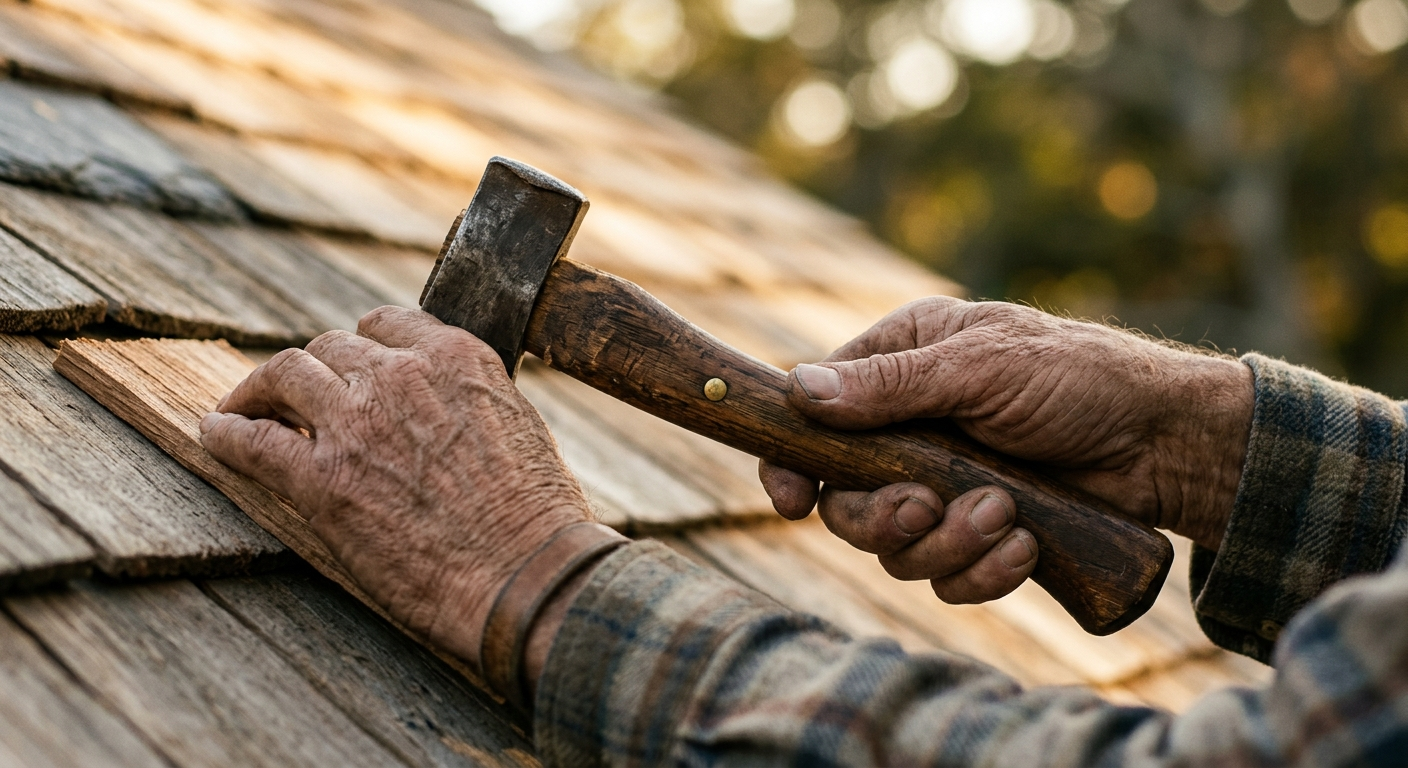 A craftsman’s hands setting a shingle